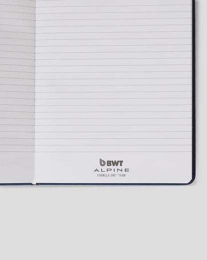 Open notebook with lined pages and BWT Alpine Formula One Team logo at the bottom.