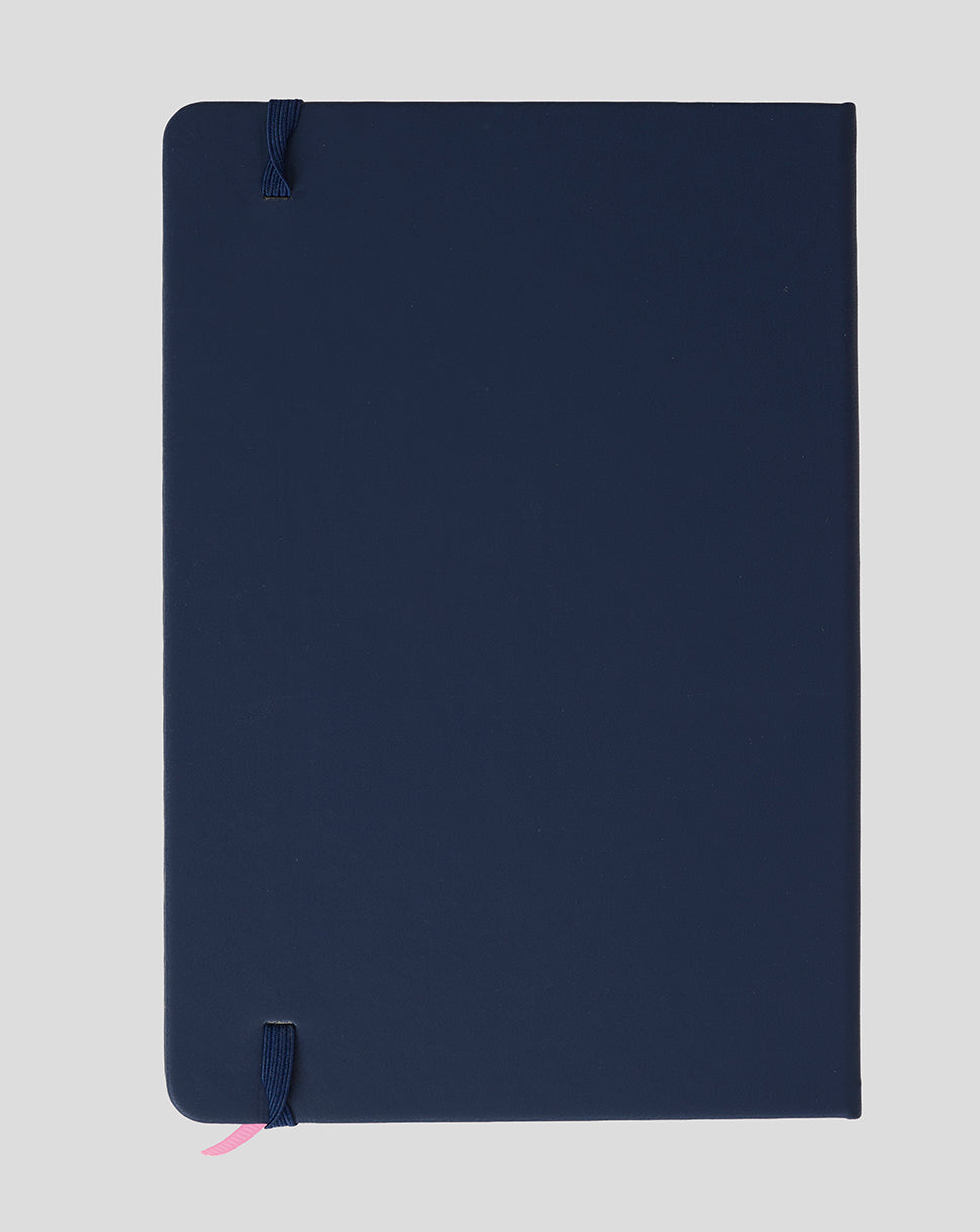 Back view of navy BWT Alpine notepad with elastic strap and rounded corners.