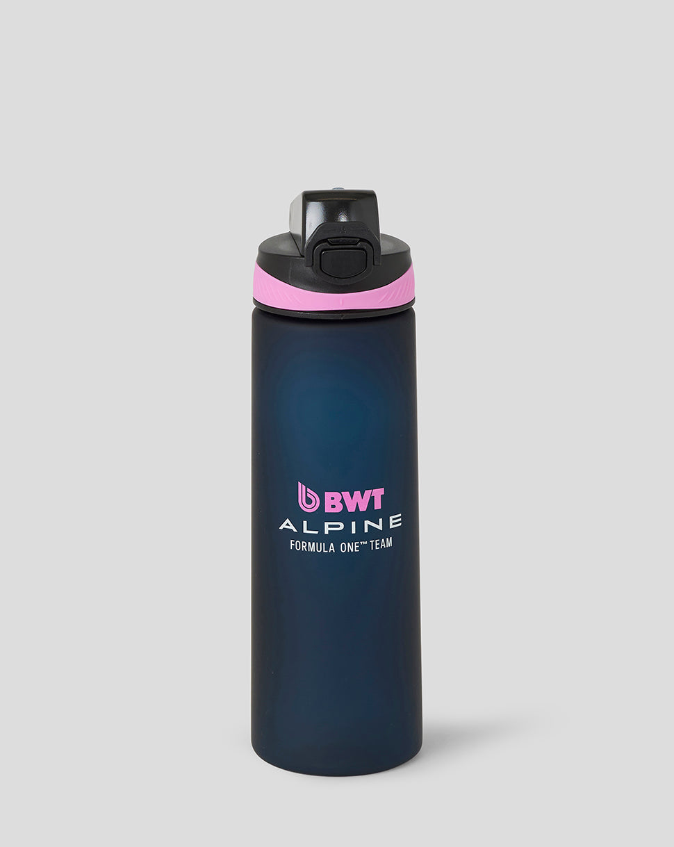 BWT Alpine Formula One Team water bottle in dark blue with pink cap and logo