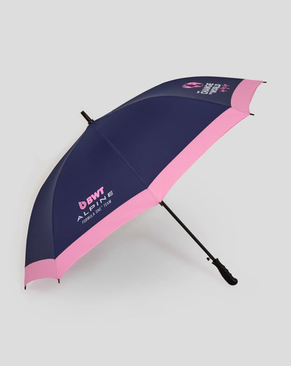 BWT Alpine Formula One Team umbrella with navy canopy and pink edge