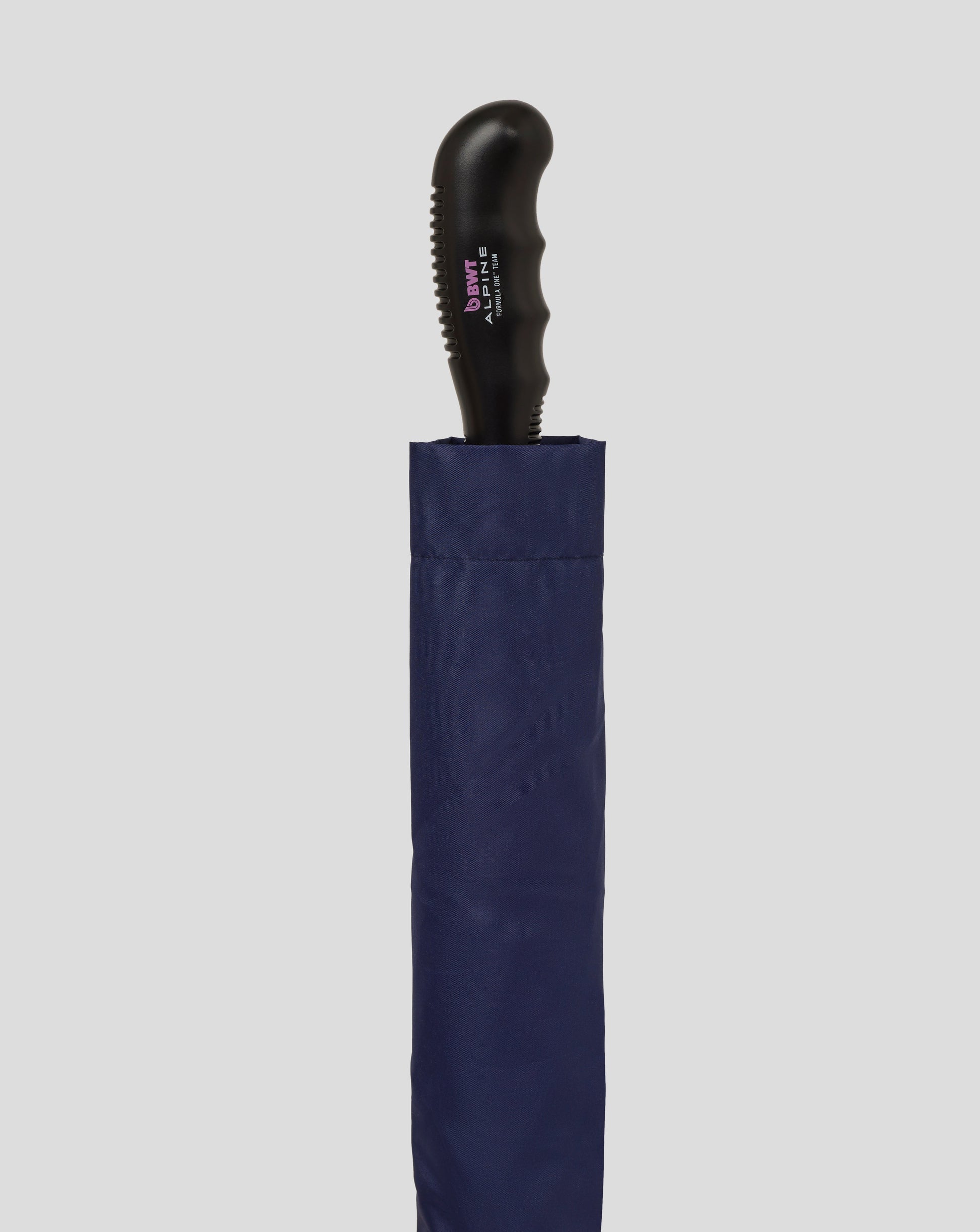 Closed BWT Alpine umbrella with navy fabric and pink trim curved black handle
