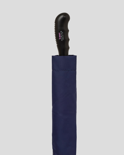 Closed BWT Alpine umbrella with navy fabric and pink trim curved black handle