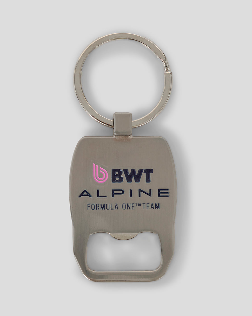 Metal BWT Alpine Formula One Team keyring with built in bottle opener