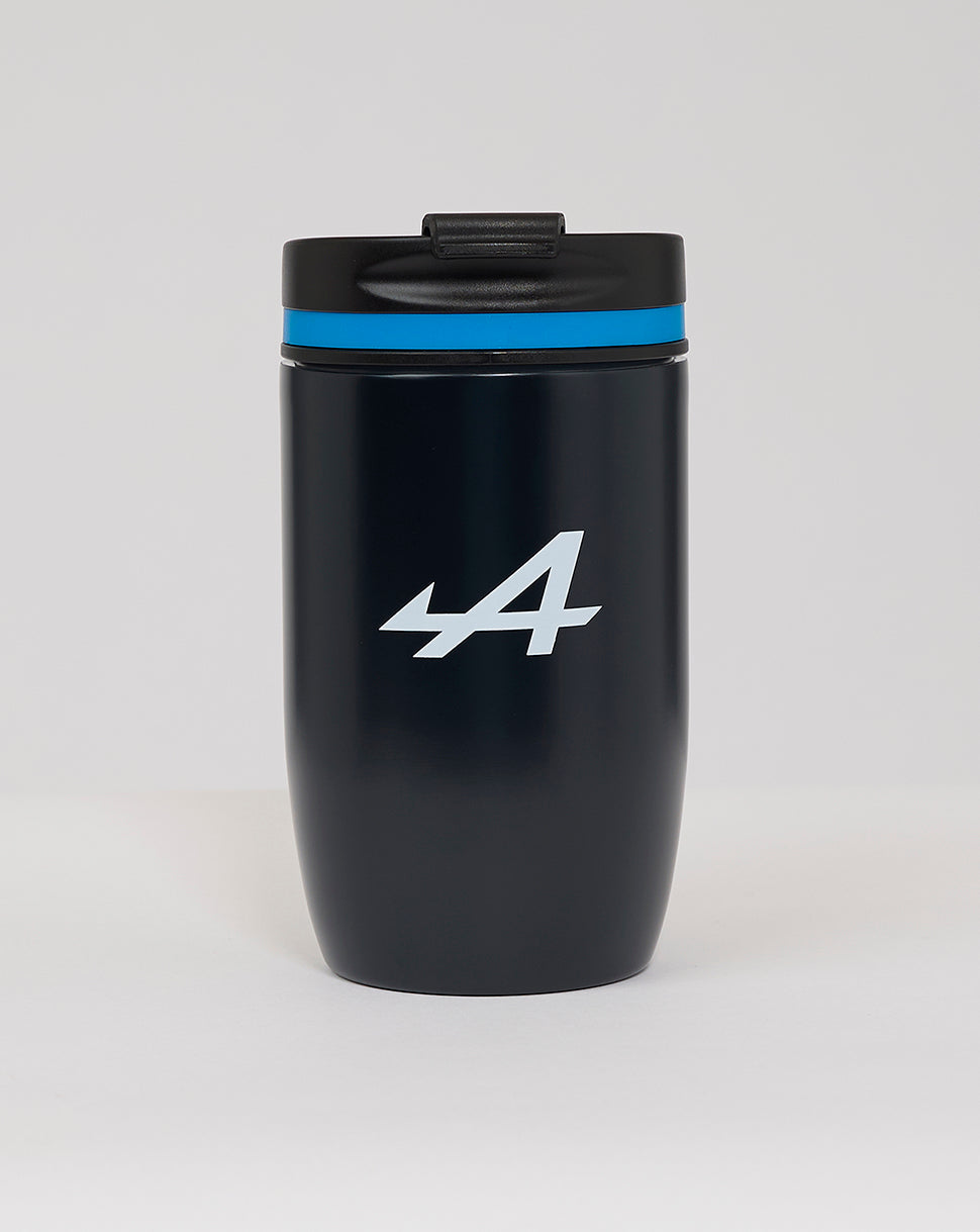 Dark navy BWT Alpine Formula One Team travel mug with white 44 logo and blue accent ring near the lid