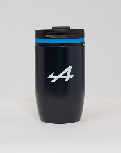 Dark navy BWT Alpine Formula One Team travel mug with white 44 logo and blue accent ring near the lid