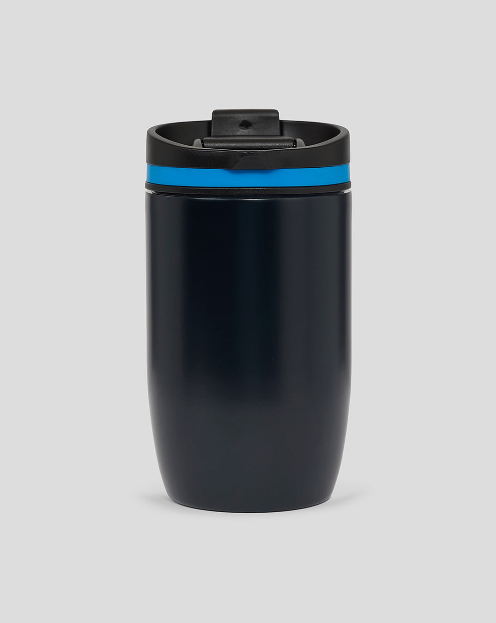 BWT Alpine Formula One Team travel mug in dark navy with blue accent ring and closed flip lid