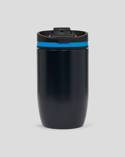 BWT Alpine Formula One Team travel mug in dark navy with blue accent ring and closed flip lid