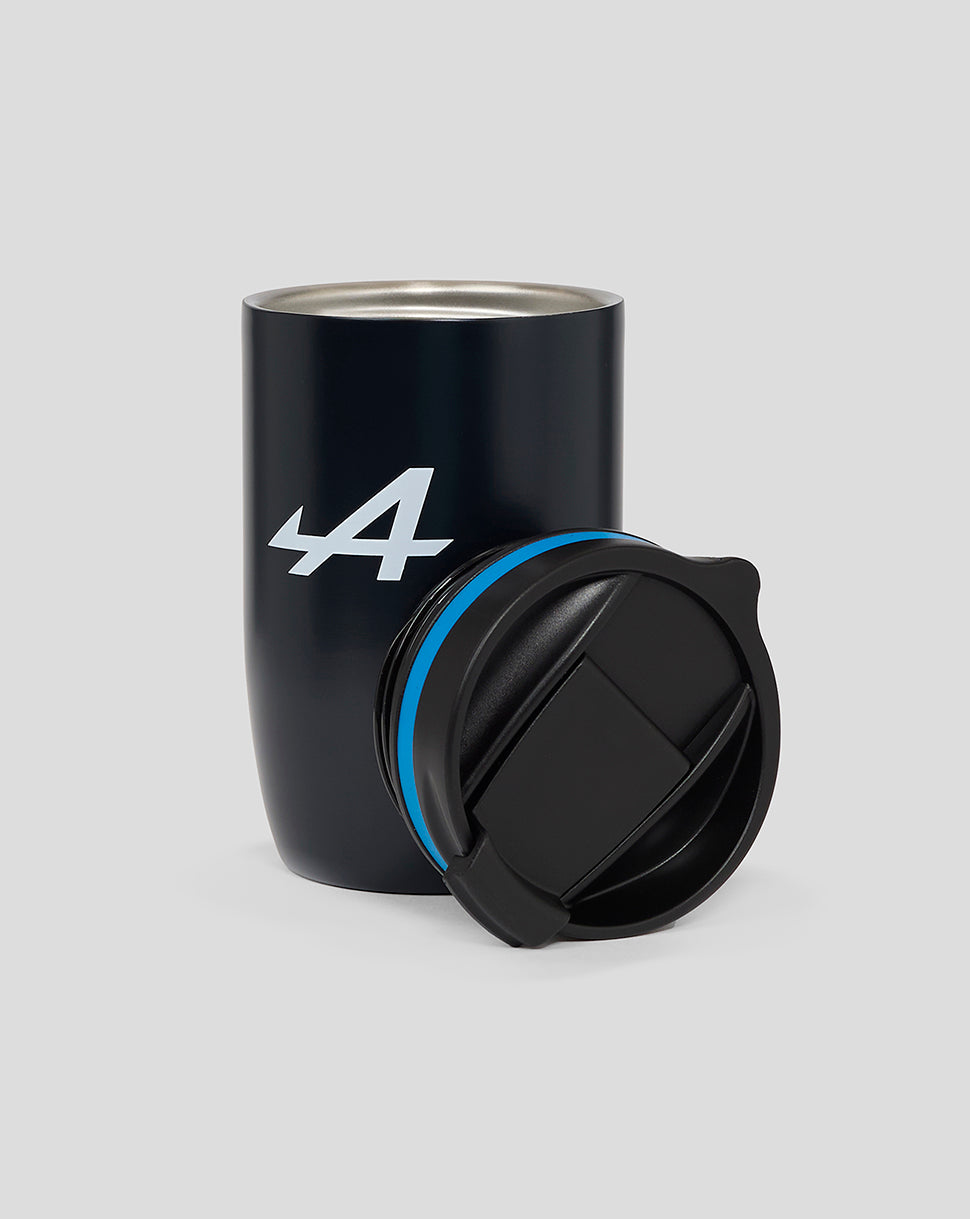 BWT Alpine Formula One Team travel mug with lid removed showing stainless steel interior and navy exterior