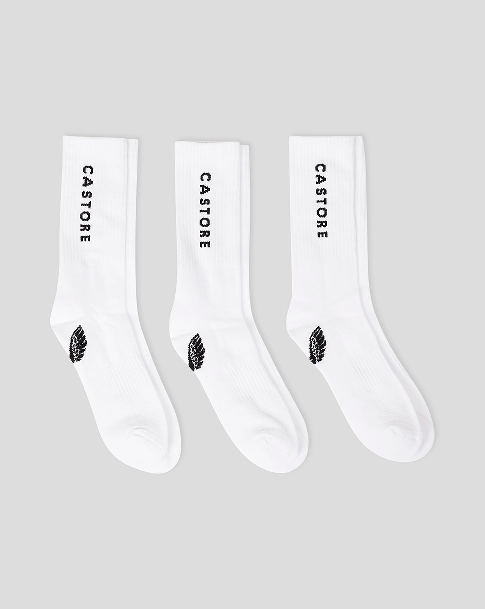 Three white Cushioned Crew Socks with CASTORE branding and reinforced heel and toe