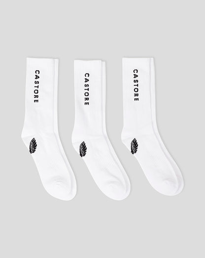 Three white Cushioned Crew Socks with CASTORE branding and reinforced heel and toe