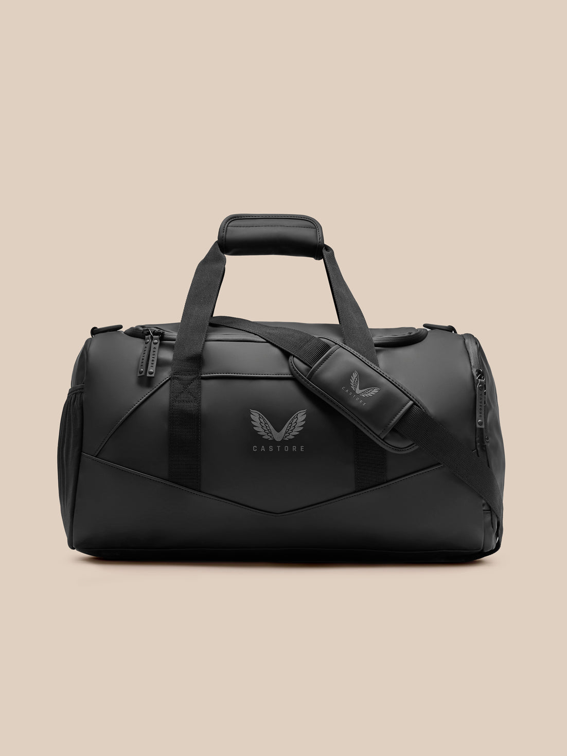 Black Core Holdall with padded carrying handle and detachable shoulder strap; front logo and reflective details