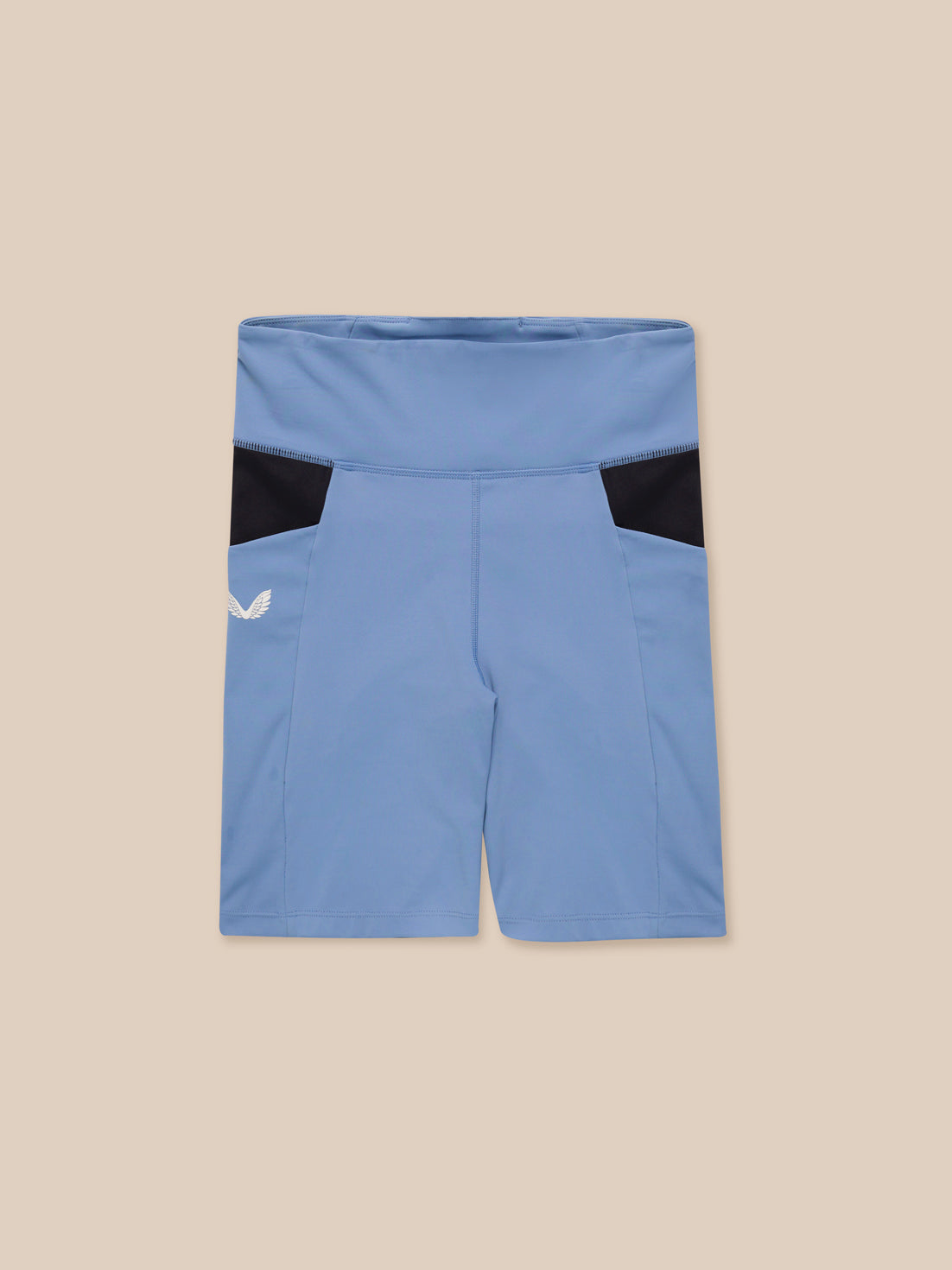 Back view of Dove Blue Apex Training Cycle Shorts showing a high waistband and black side panels with a white Castore logo.