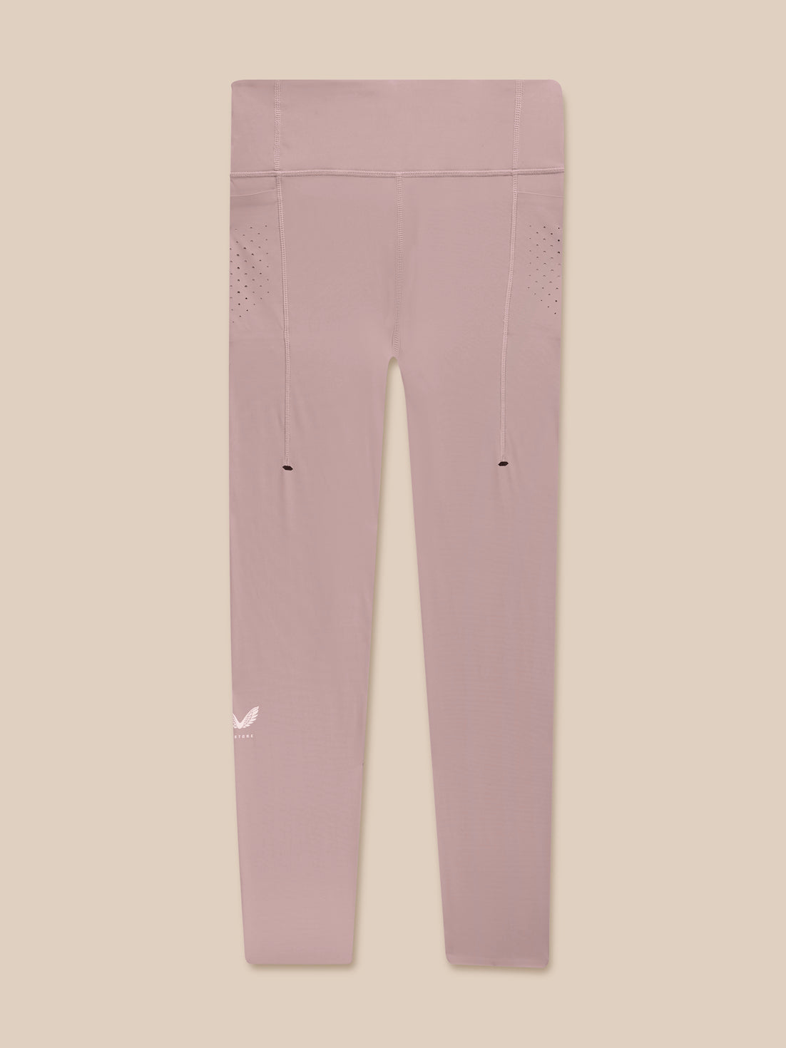 Flat lay of pink Zone Training Leggings with perforated panels on the back and Castore branding on the left calf.