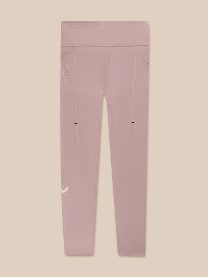 Flat lay of pink Zone Training Leggings with perforated panels on the back and Castore branding on the left calf.