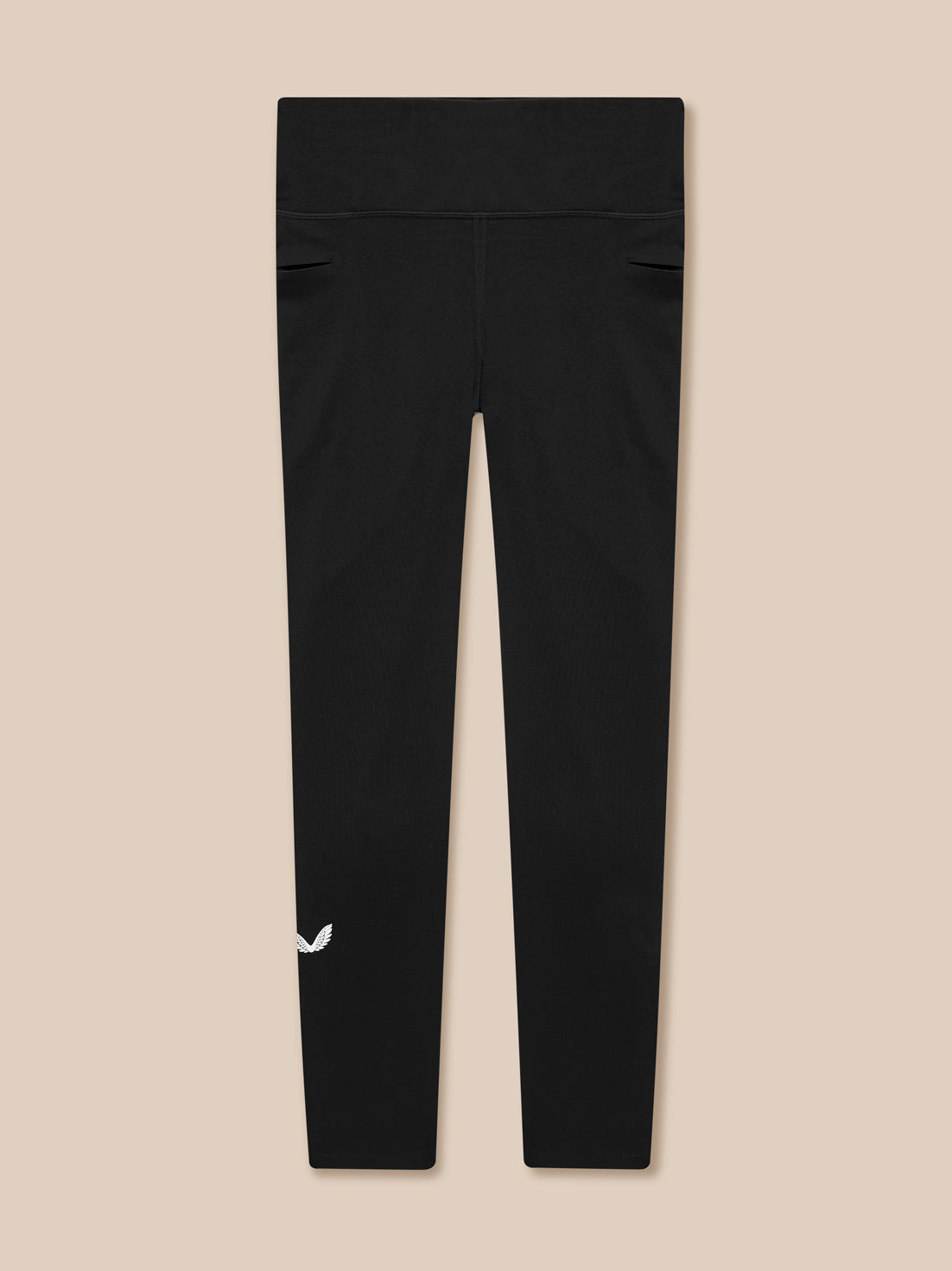 Flat lay back view of black Flow Movement leggings with pocket detail and white logo at the lower leg