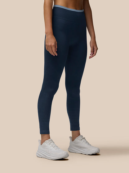 Back view of Flow Training ⅞ length leggings highlighting the light blue rib waistband.