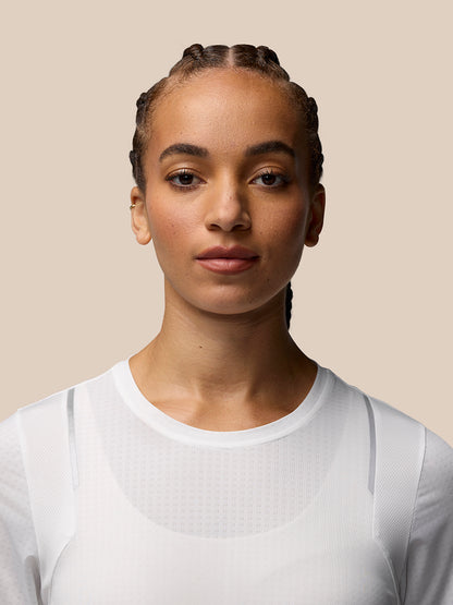 Portrait of a woman in a white Apex Training T Shirt highlighting breathable fabric and crew neckline