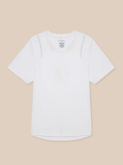 White women's Apex training T shirt with aero mesh panels and dropped hem