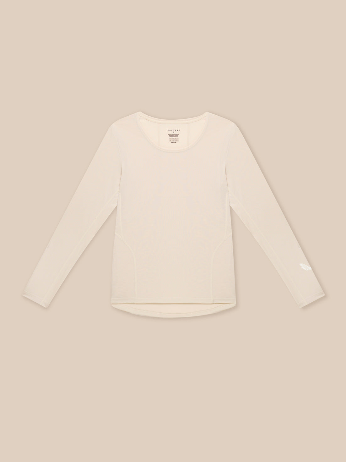 Beige women's Flow Movement long sleeve T shirt front view
