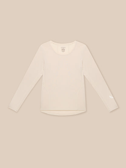 Beige women's Flow Movement long sleeve T shirt front view