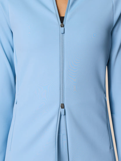 Front close up of sky blue Zone Training Top zipper and collar