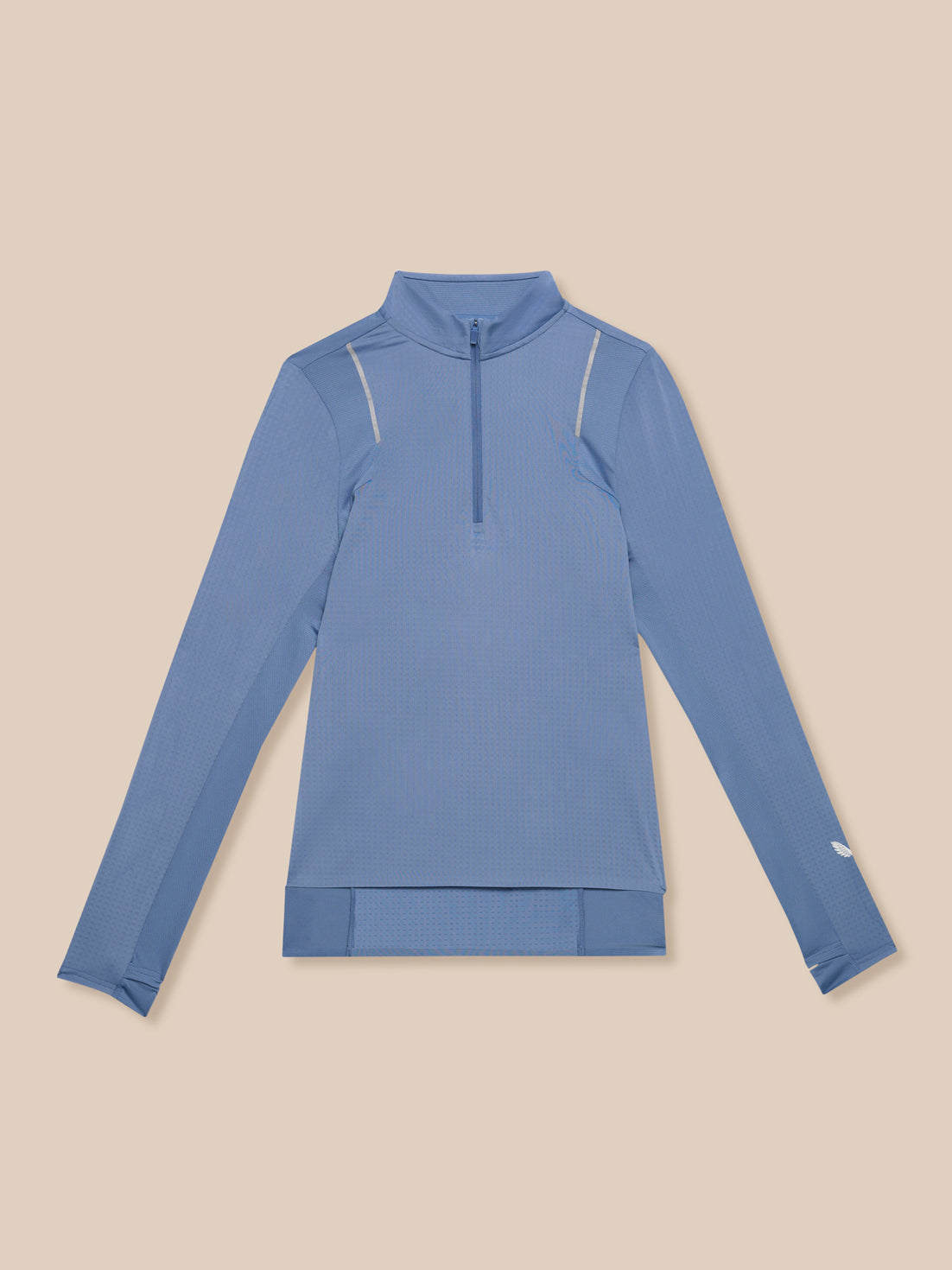 Light blue Apex Training long sleeve quarter zip top laid flat with funnel collar and reflective shoulder trim.