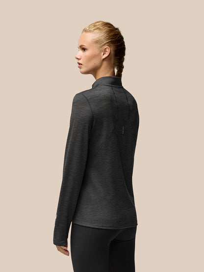 Back view of Flow Training fleece half zip top in dark charcoal highlighting back seam and dropped hem
