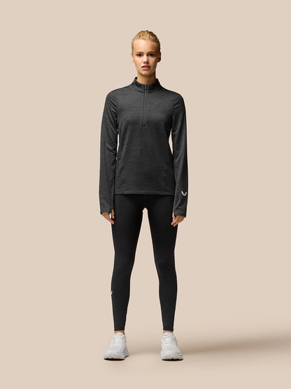 Rear view of Flow Training fleece half zip top on model showing fitted silhouette and back seam details