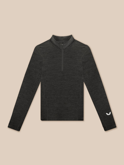 Dark heather Flow Training fleece half zip top with funnel collar and Castore logo on left sleeve.