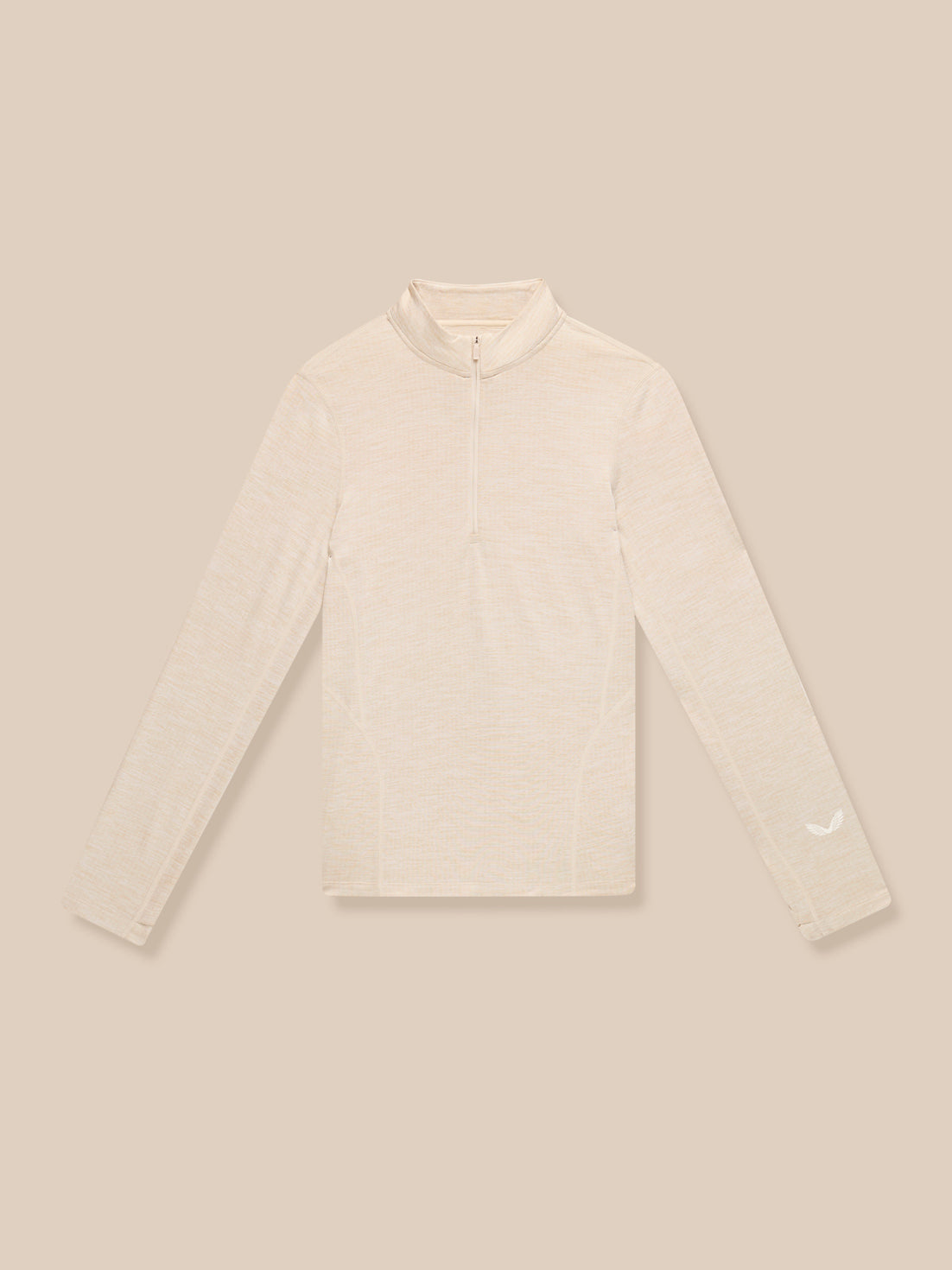 Beige Flow Training fleece half zip top with funnel collar and front zipper, Castore logo on left sleeve.