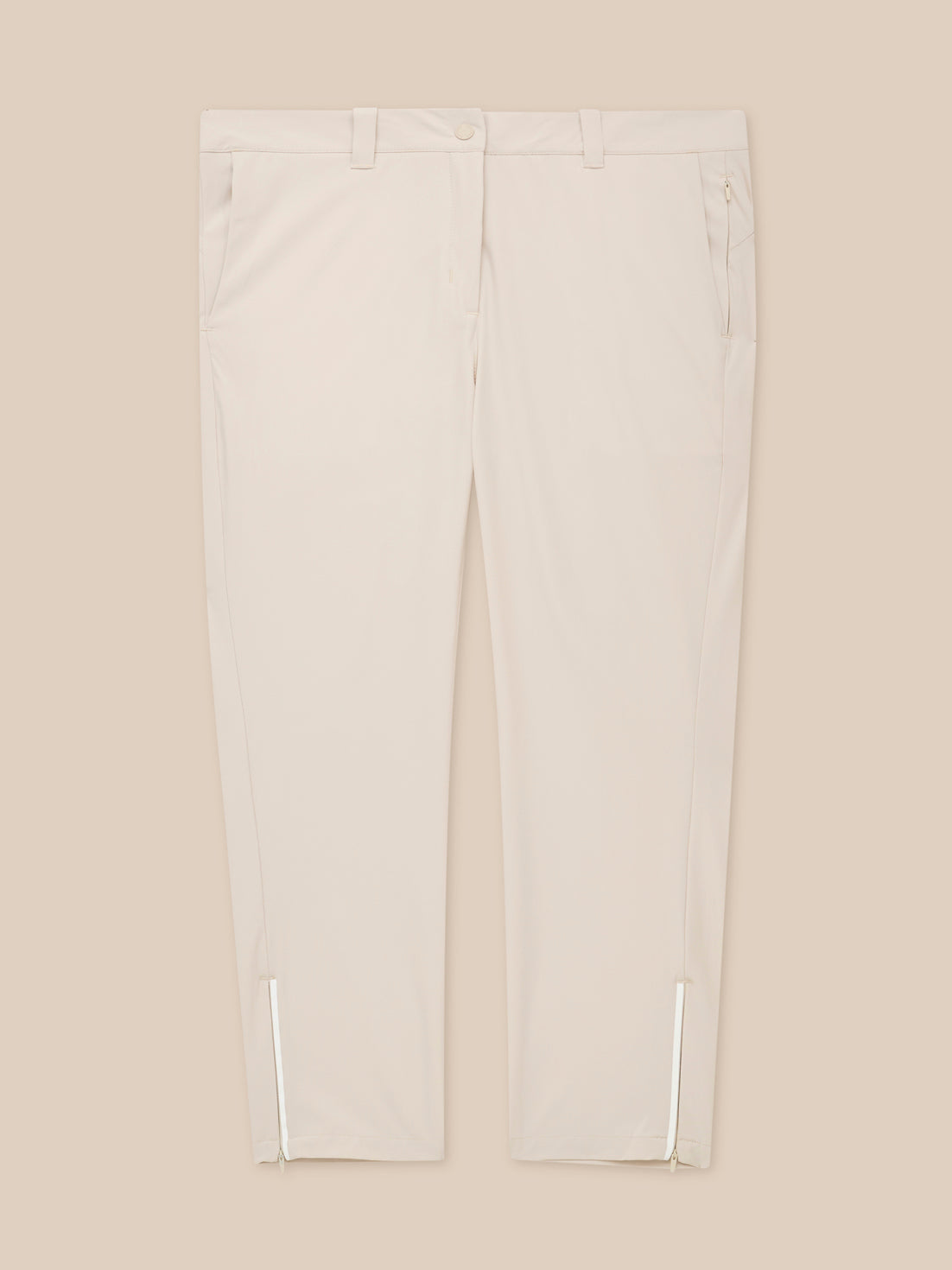 Light stone golf trousers with belt loops and zip fly, 7/8 length, front view