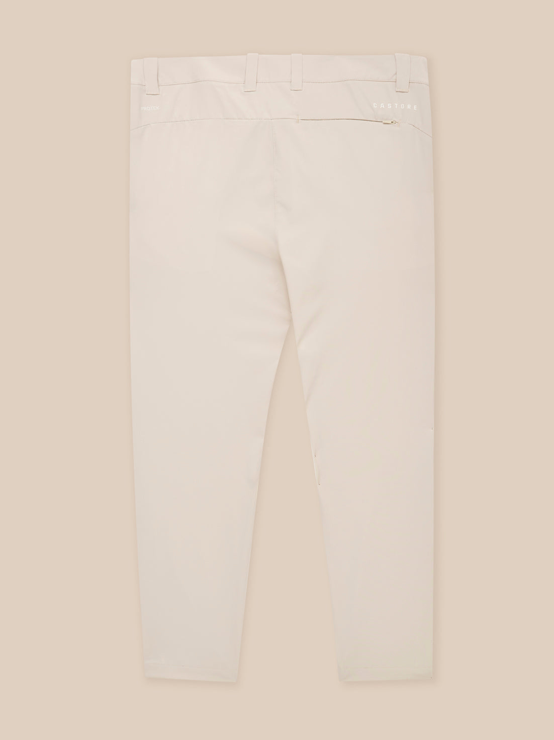 Back view of light stone golf trousers showing belt loops and rear zip pocket