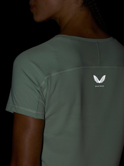 Back view of sage green Apex Training T Shirt with Castore logo on upper back.