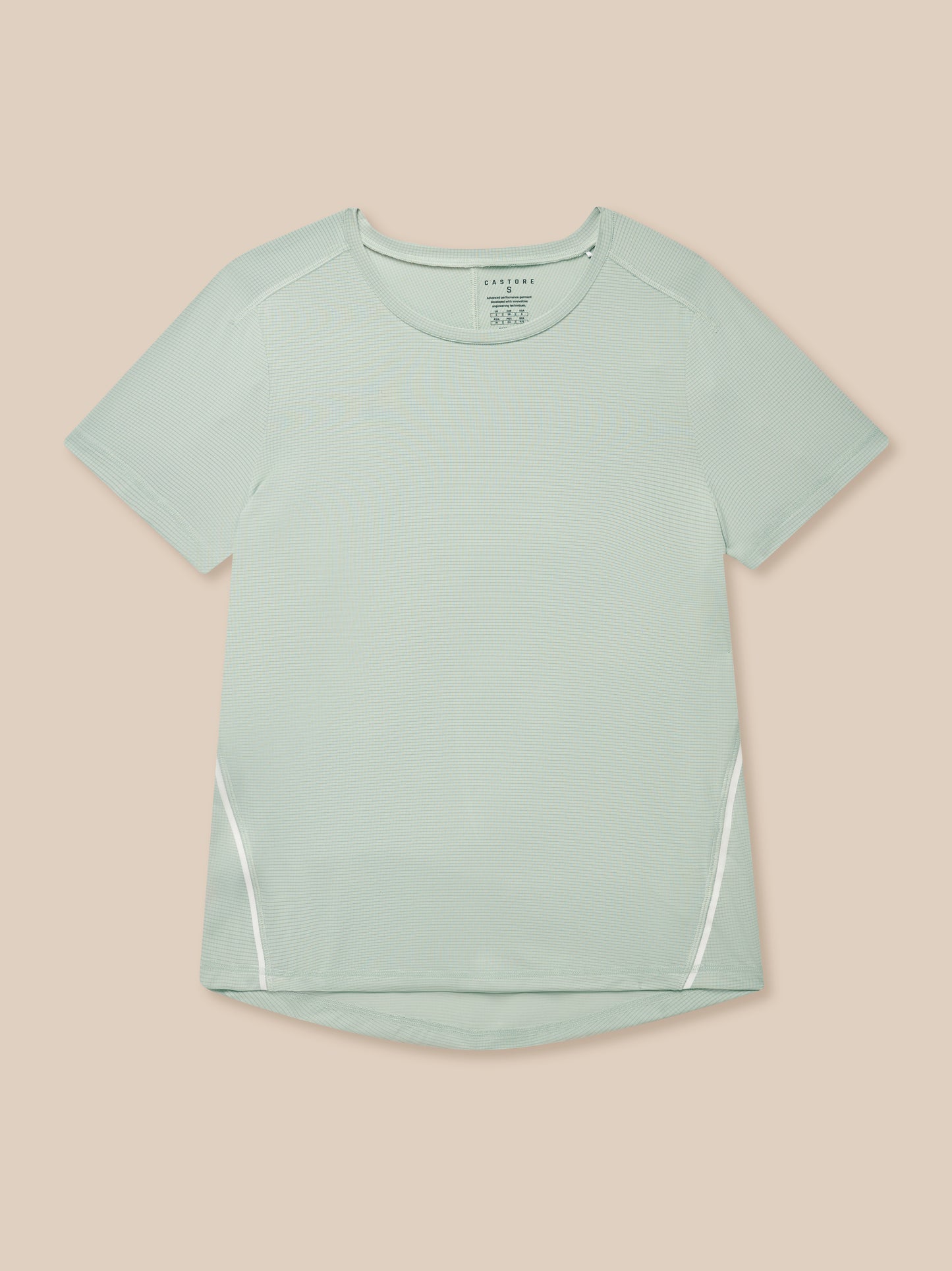 Close up of sage Apex Training T-Shirt showing crew neck short sleeves and curved hem detail