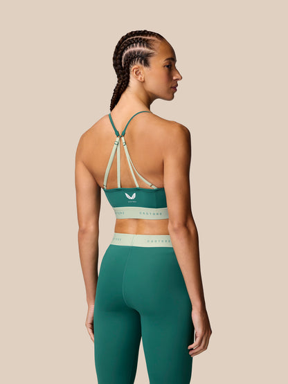 Back view of seafoam Adapt Training Sports Bra with multiple light straps forming a crisscross pattern and pale band.