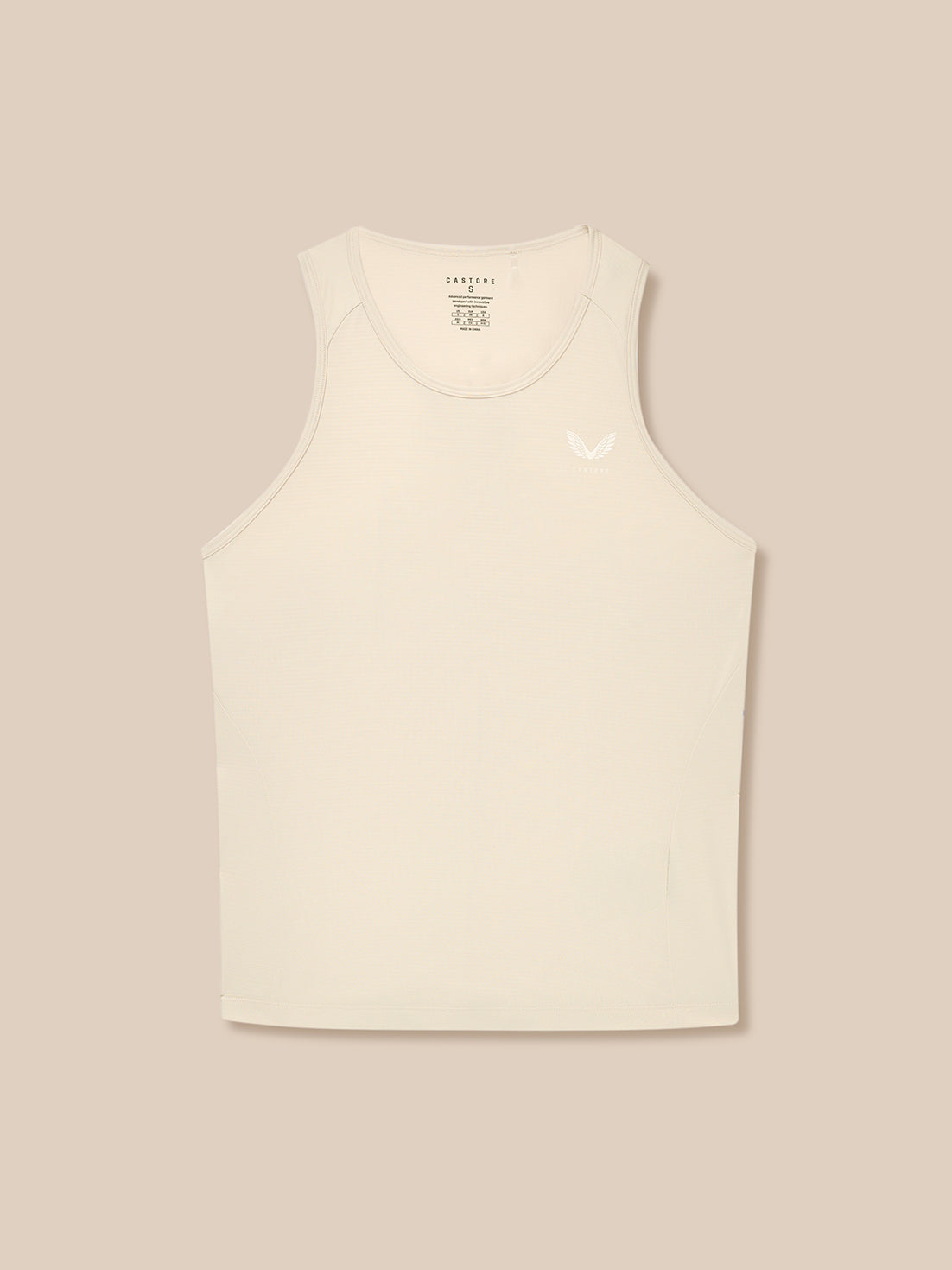 Back view of stone Adapt Training Tank Top with racerback and dropped hem.