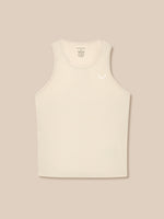 Back view of stone Adapt Training Tank Top with racerback and dropped hem.
