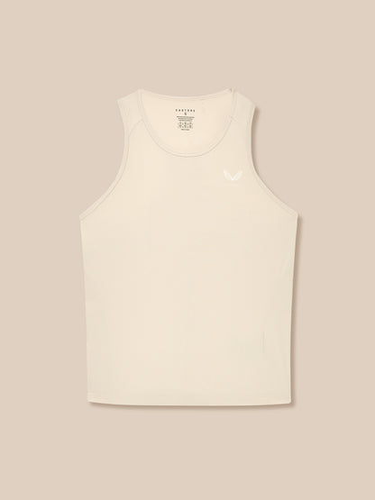 Back view of stone Adapt Training Tank Top with racerback and dropped hem.