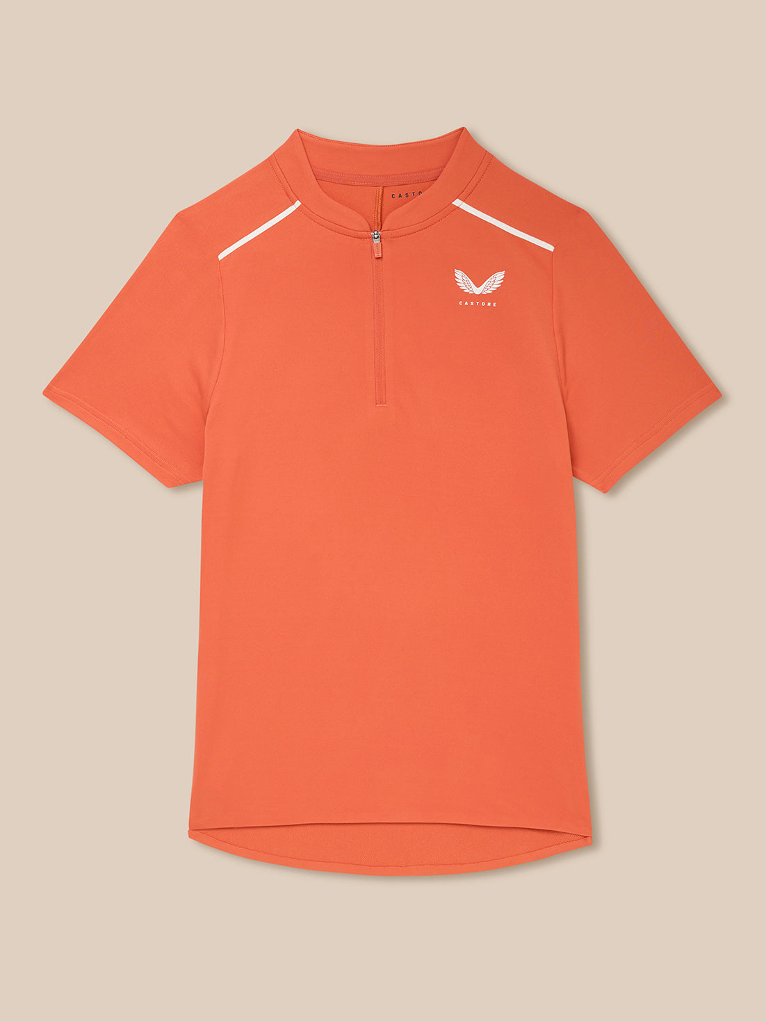 Close-up of a Deep Coral Pinnacle Polo top with centre front quarter zip and white shoulder piping