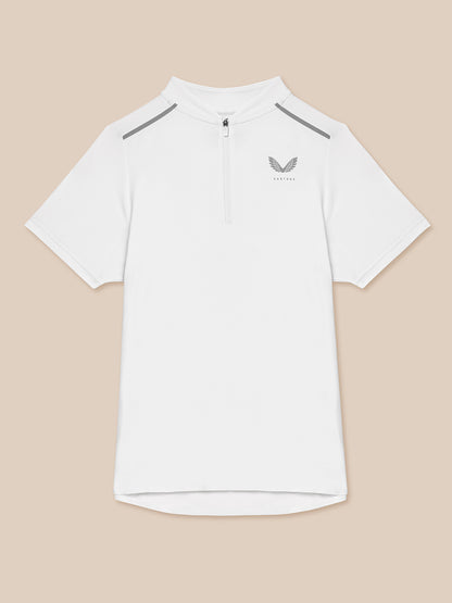 White Pinnacle Polo with varsity collar and front zip, Castore logo on left chest and reflective shoulder trim