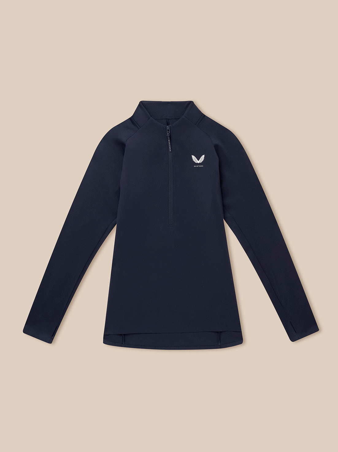 Midnight navy Golf Pinnacle LVS ½ Zip Top laid flat with front zip and small chest logo