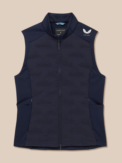 Close-up of the navy Pinnacle Hybrid Gilet neckline with two-way zipper and shoulder logo