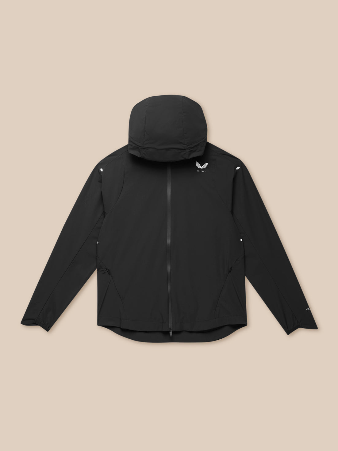 Black Apex Training wind jacket with hood laid flat showing front zipper and small white logo on the chest.