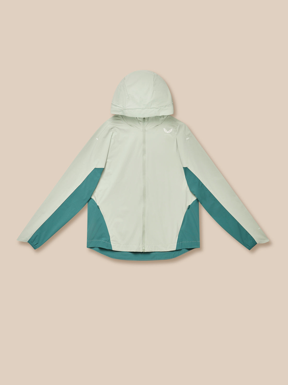 Apex Training Wind Jacket in Sage laid flat with hood full zip and teal side panels