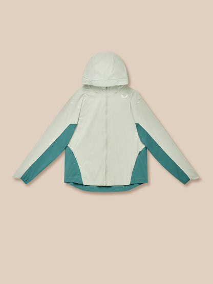 Apex Training Wind Jacket in Sage laid flat with hood full zip and teal side panels