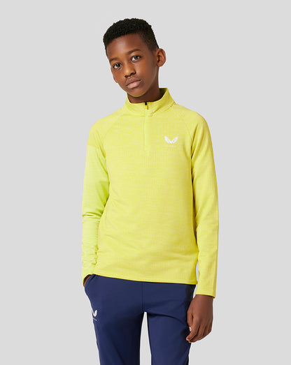Portrait of a young boy wearing a bright yellow Citrus Junior Standard 1/4 Zip top with a neck zipper.