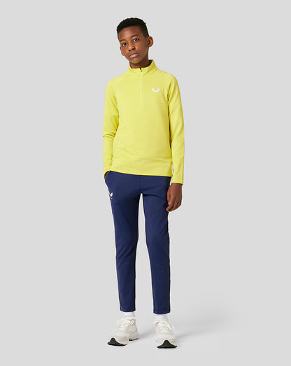 Full-body front view of the Citrus Junior Standard 1/4 Zip in bright yellow, worn with navy pants and white sneakers.