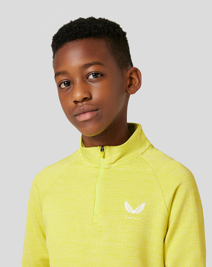 Close-up of bright yellow Citrus Junior Standard 1/4 Zip with a short zip collar and white chest logo.