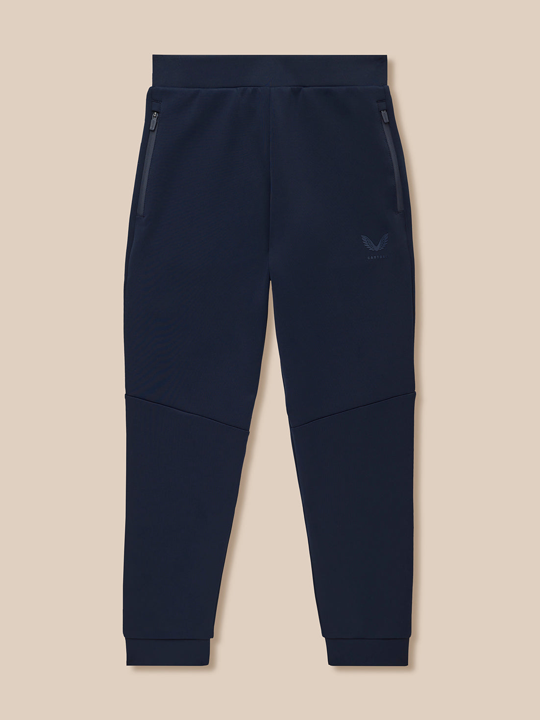 Navy unisex Flex Scuba trousers with zip pockets and Castore logo on left leg