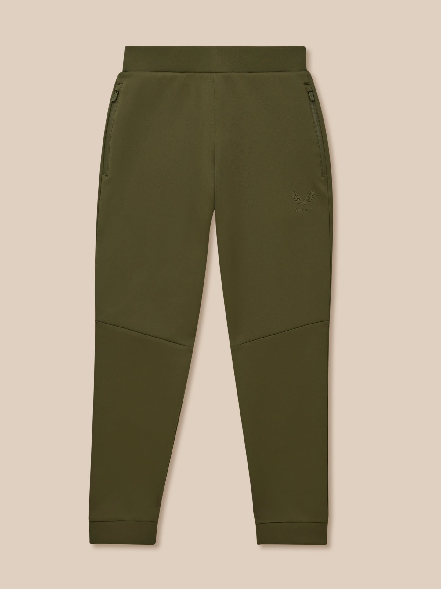 Olive green unisex Flex Scuba Trousers with zip pockets and Castore logo on the leg.